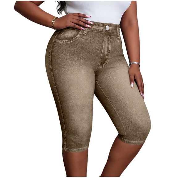 LNWUY Women's Plus Size Faux Denim Capris Stretchy High Waisted Leggings Skinny Washed Distressed Capris with Pockets Yellow M