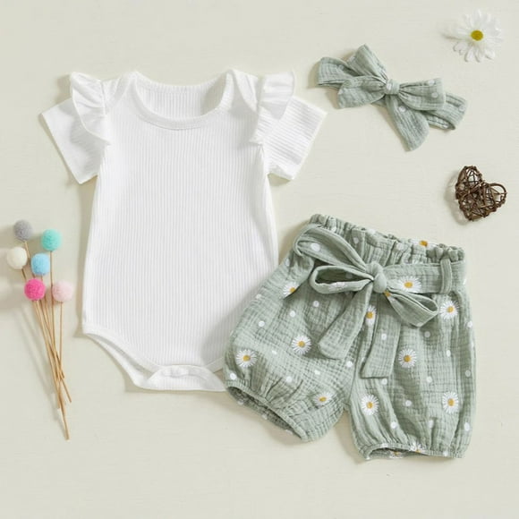 Barboteuse Bebe Fille Toddler Baby Girls Summer Casual Playwear Ribbed Sleeveless Jumpsuit Floral Print Shorts with Bow Tie Hairband Baby Onesies Green 3 Years-4 Years