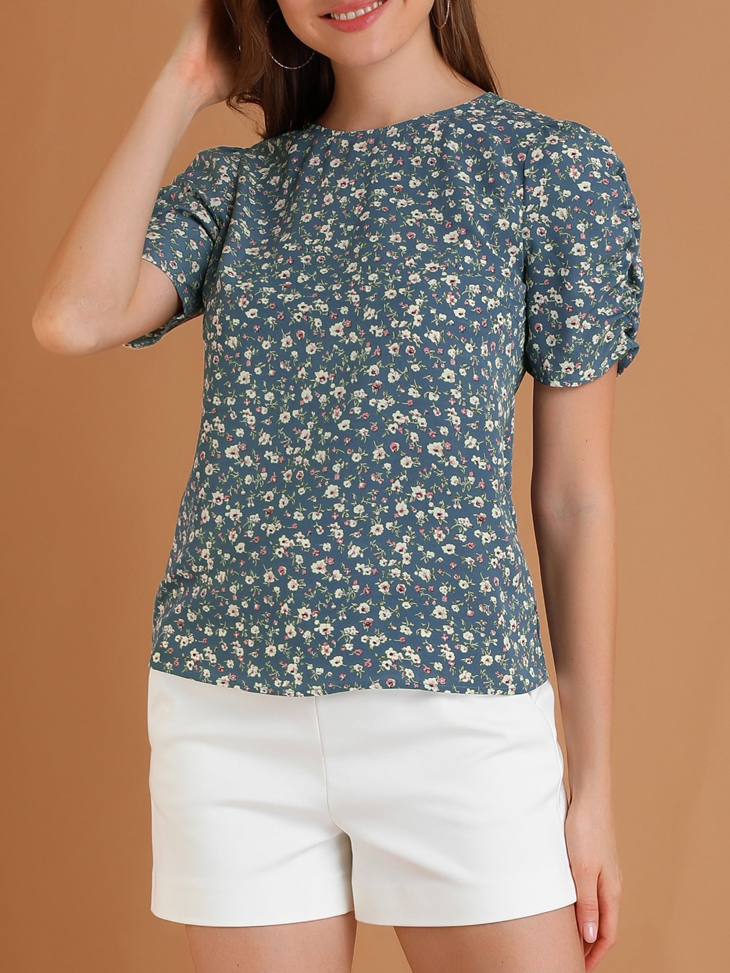 DARING DIVA Floral Crew Neck Shirred Short Sleeve Casual Top XL Blue