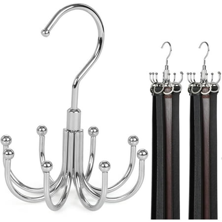 Belt Hanger for Closet 2-Pack  360°Swivel Belt Rack  Belt Organizer with 8 Hanging Hooks  Accessory Organizers for Belt  Dog Collar  Tie  Tank Top  Bra  Purse  Scarf (Silver)