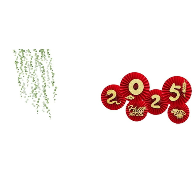 Elegante Calcomanía De Pared Con Hojas De Plantas Verdes Y Abanicos De Papel Para Decorar El Año Nuevo Chino, Ideal Para El Baño, El Dormitorio Y La Celebración Del Festival De Primavera.