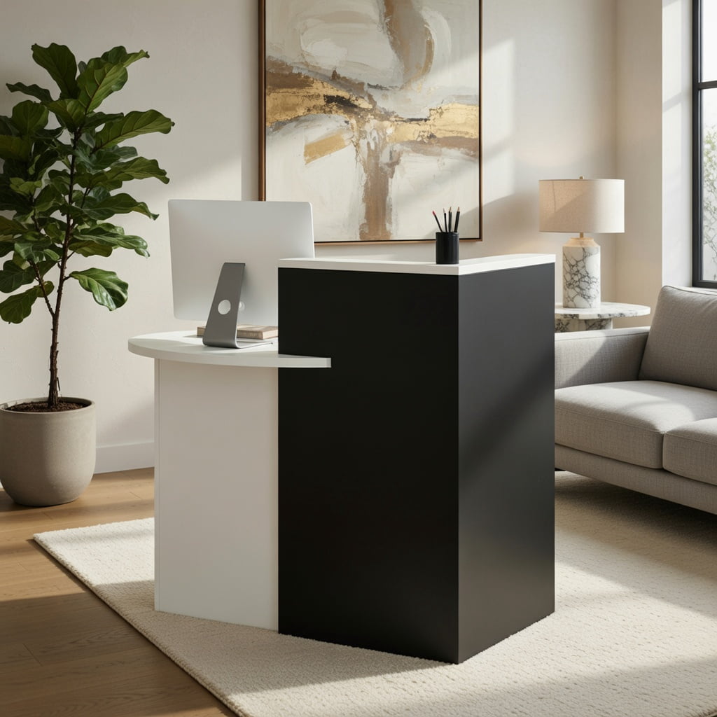 Demi Bonn Front Reception Office Desk with Open Shelf and Lockable Drawer, Small Home Computer Desk Study Writing Table, White + Black