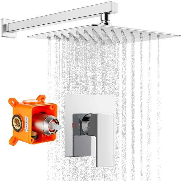 gotonovo Ensemble de Robinet de Douche Pluie Kit de Garniture de Douche avec Tête de Douche Pluie 10 Pouces Mixeur de Salle de Bain Combo Complet Poignée Unique Monté au Mur Filetage Femelle Valve d'Encastrement Rugueuse Chrome Poli
