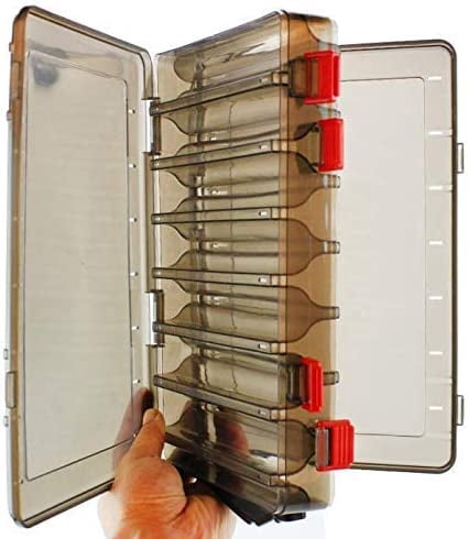 Double-Sided Fishing Lure Hook Tackle Box Visible Hard Plastic Clear Fishing Lure Bait Squid Jig Minnows Hooks Accessory Storage Case Container (Brown 14 Slots)