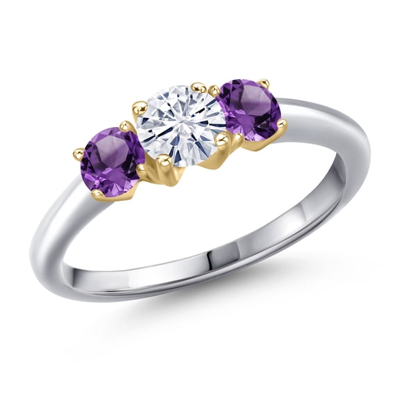 Gem Stone King 925 Silver and 10K Yellow Gold White Moissanite and Purple Amethyst Engagement Ring for Women | 1.00 Cttw | Round 5MM | Gemstone Birthstone | Size 6