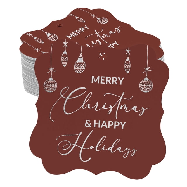 Inkdotpot Pack Of 50 Real Silver Foil Bracket Shape Paper Tags Merry Christmas & Happy Text Favor Hang Tags