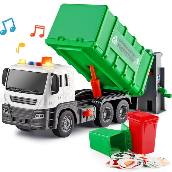 DISEN Garbage Truck Toy for Boys 3-6 Years Friction-Powered Trash Truck with Lights & Sounds