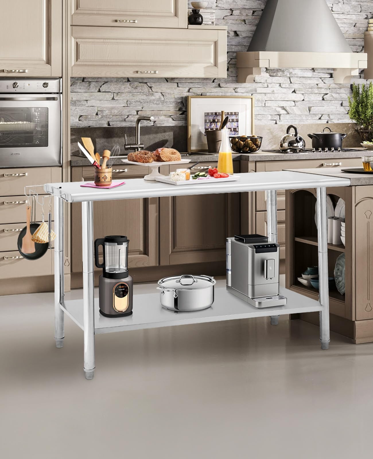 Danolapsi Stainless Steel Table 60" x 24",Kitchen Prep Table,NSF Stainless Steel Metal with Backsplash,Adjustable Undershelf,5 Hooks,Heavy Duty Workbench Workstation Work Table for Restaurant and Home