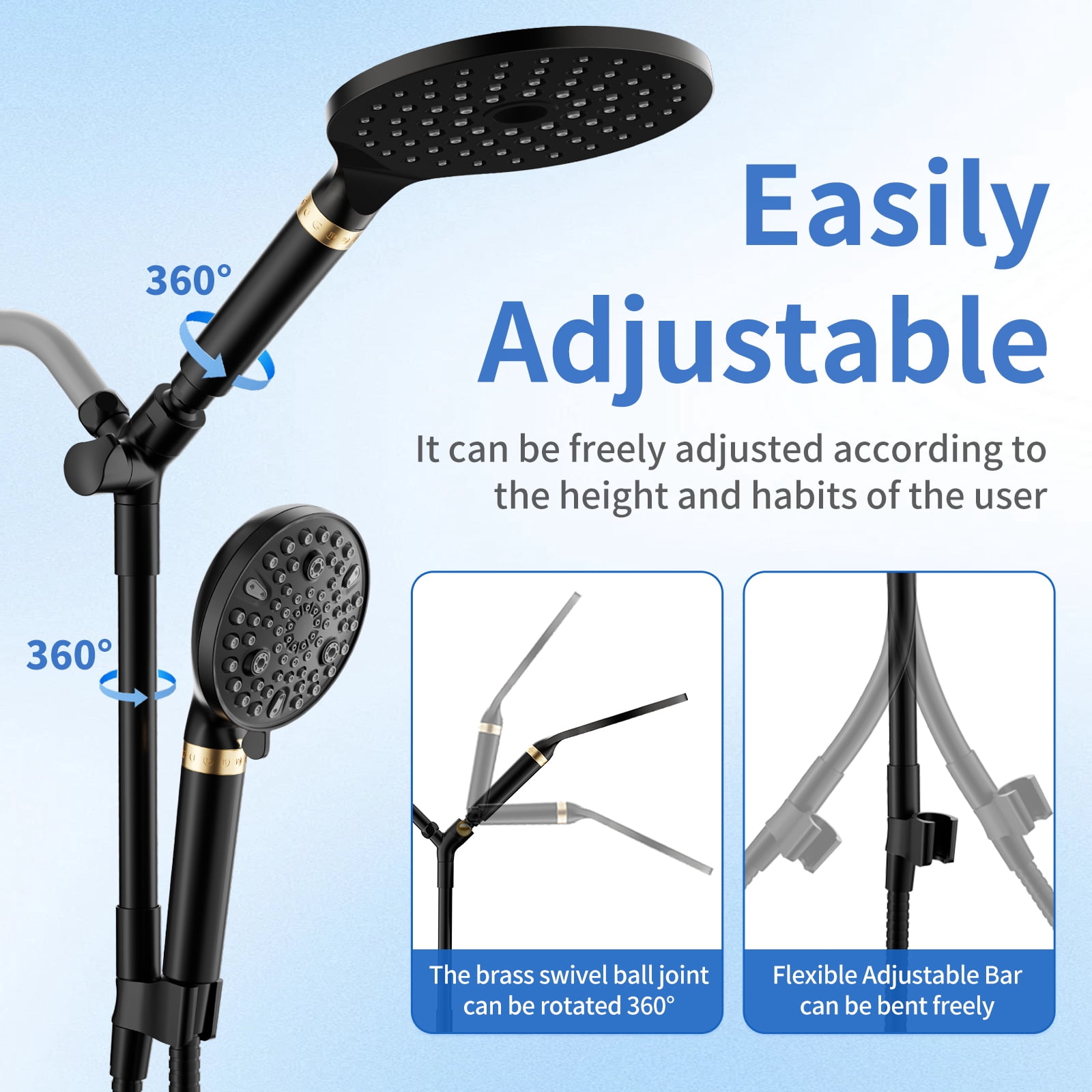 KAIYING Filtered Dual Shower Head System, 9-Mode Rain and Handheld Spray Combo with Adjustable Extension Arm, Mate Black