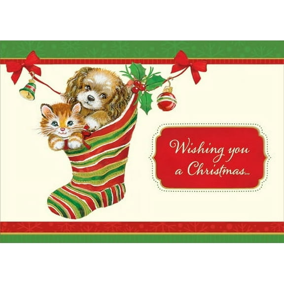 Designer Greetings Kitten and Puppy in Stocking Box of 18 Cat and Dog Christmas Cards