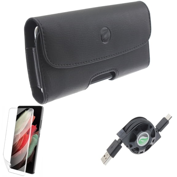 Case Belt Clip w Matte Screen Protector w USB Cable for Samsung Galaxy S21 Plus - Leather Holster, TPU Film Anti-Glare, Retractable Type-C Accessory Bundle