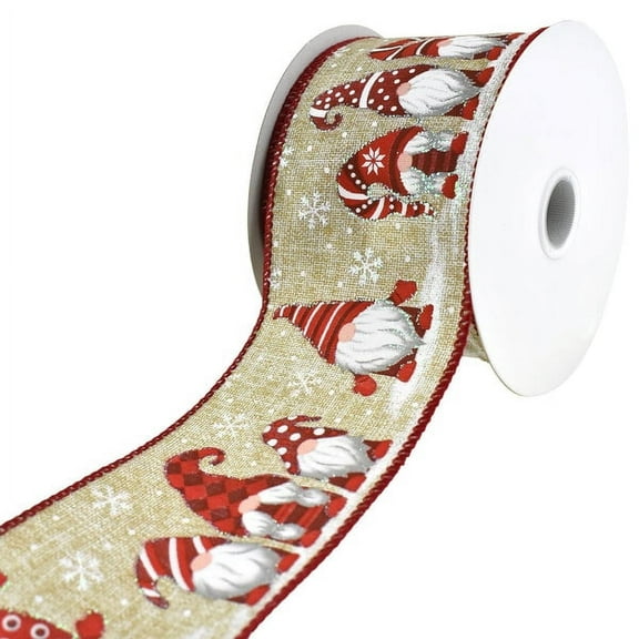 Snowy Day Christmas Gnomes Wired Ribbon, 2-1/2-Inch, 10-Yard - Natural
