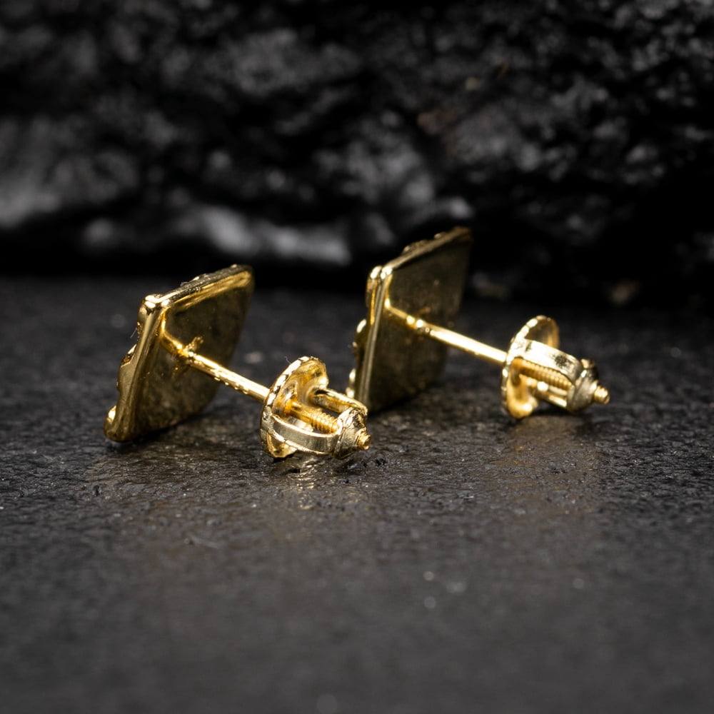 Square Shape 14K Yellow Gold Plated 925 Sterling Silver Screw Back Post Diamond Cut Retro 90's Hip Hop 9.5mm Solid Gold Textured Nugget Stud Earrings