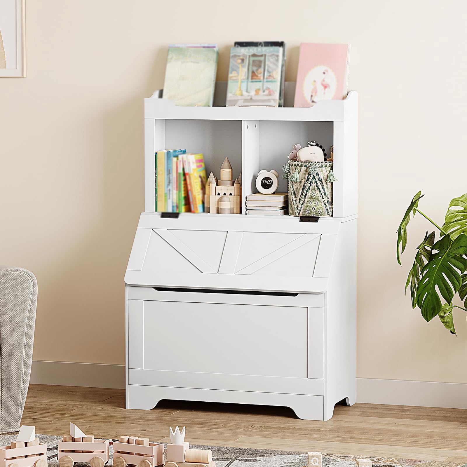 Kids Bookshelf and Toy Storage with Flip Top Lid, Wooden Toddler Bookcase Cabinet with Cubbies, Toy Storage Organizer with Bookshelf for Playroom Bedroom Nursery Classroom, White