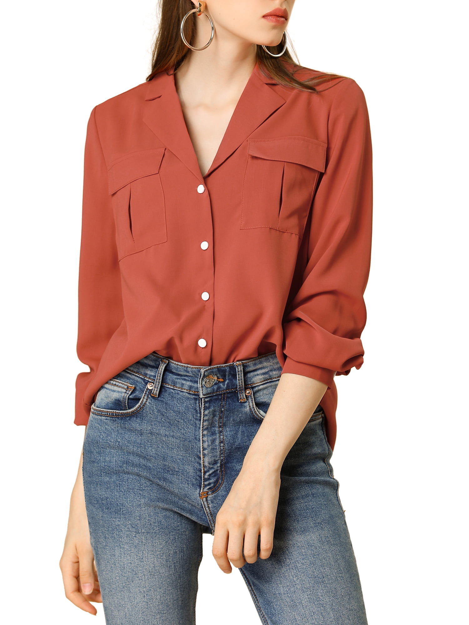 Allegra K Women's Chest Pocket Solid Button Down Notch Lapel Collar Shirt