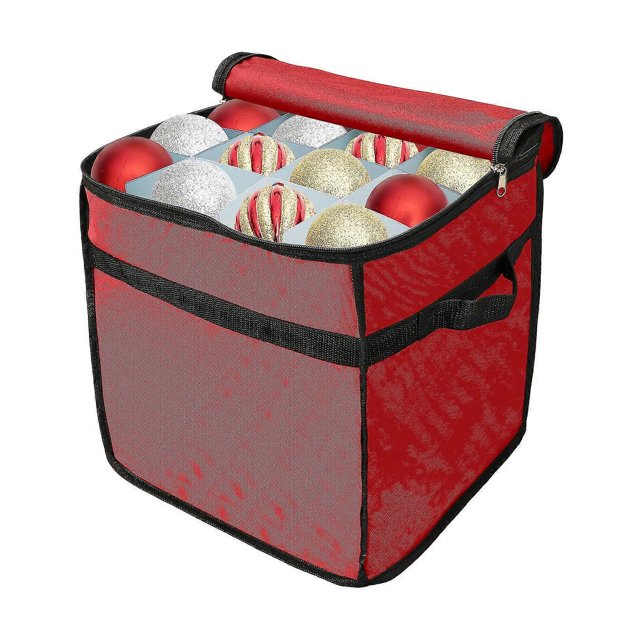 Caja de almacenamiento para adornos navideños, 32 x 32 x 32 cm, nailon gris, con divisores extraíbles, luces LED y ventana transparente, ideal para decoraciones navideñas, 4 unidades, color rojo