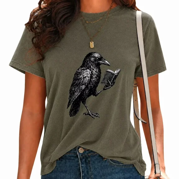 UNISHE Womens Acid Wash Vintage T-Shirts Reading Raven Crow Graphic Tees Casual Short Sleeve treetwear Tops Green, M
