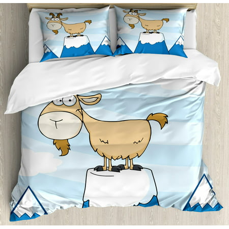 Goat Duvet Cover Set King Size, Doodle Cartoon Goat Smiling and Standing on Top of Mountain Pick Digital Illustration, Decorative 3 Piece Bedding Set with 2 Pillow Shams, Multicolor, by