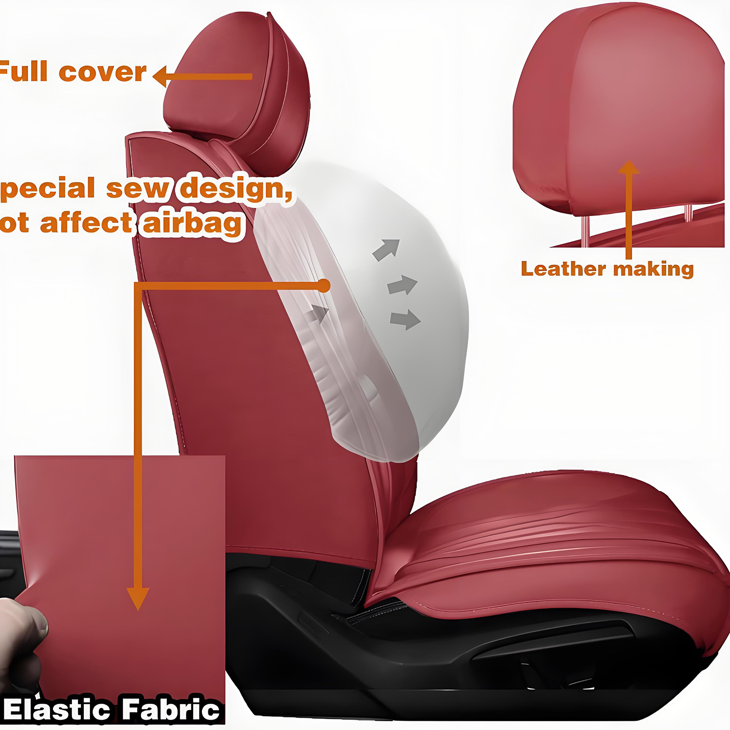 BaiCH Car Seat Covers, Breathable and Waterproof Faux Leather Automotive Seat Covers for Cars SUV Truck Sedan,Universal Anti-Slip Driver Seat Cover with Backrest (Full Seat,Red)