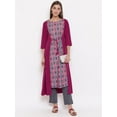 thumbnail image 1 of Janasya Indian Magenta Poly Crepe Digital Print A-line 3\4 Sleeves Round Neck Calf Length Kurta for Women, 1 of 6