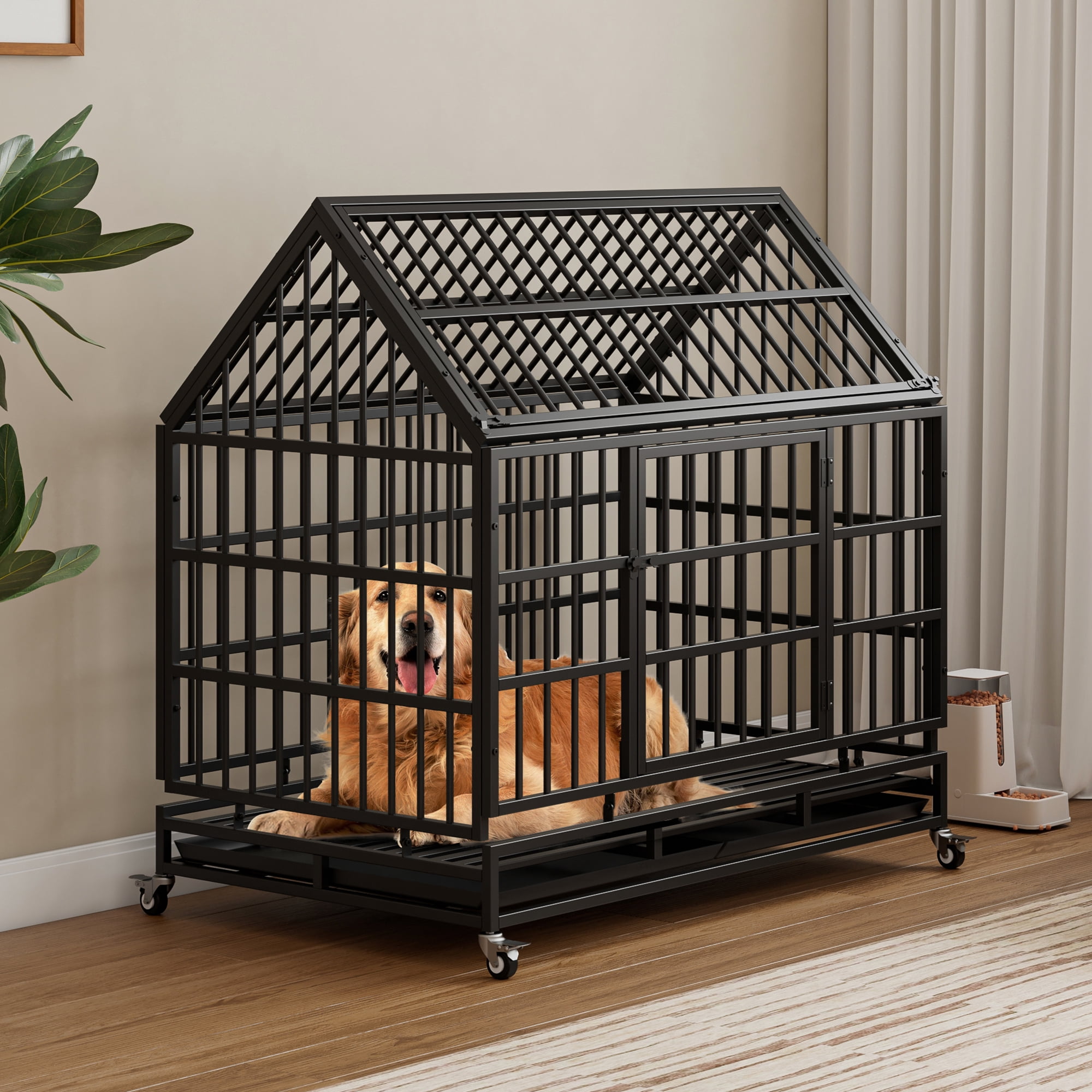 Pefilos 48" Heavy Duty Dog Cage with Wheels, Folding Metal Kennel and Crate for Medium and Large Dogs, Pet Playpen with Pointed Roof and Removable Tray, Black