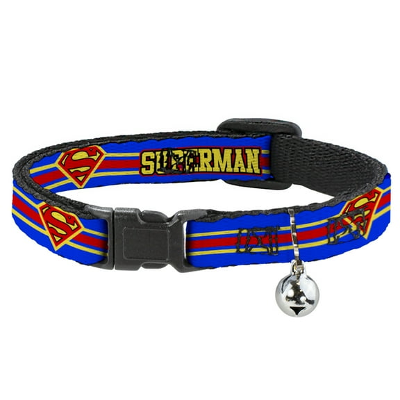 DC Comics Cat Collar, Breakaway Collar with Bell, Superman Shield Stripe Blue Yellow Red, 8.5 to 12 Inches 0.5 Inch Wide