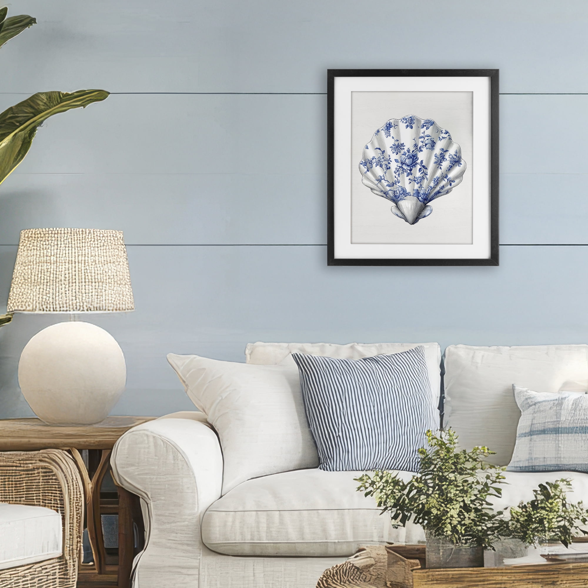 Funky Toile Seashell Black Framed Print Under Glass, design by Lettered and Lined