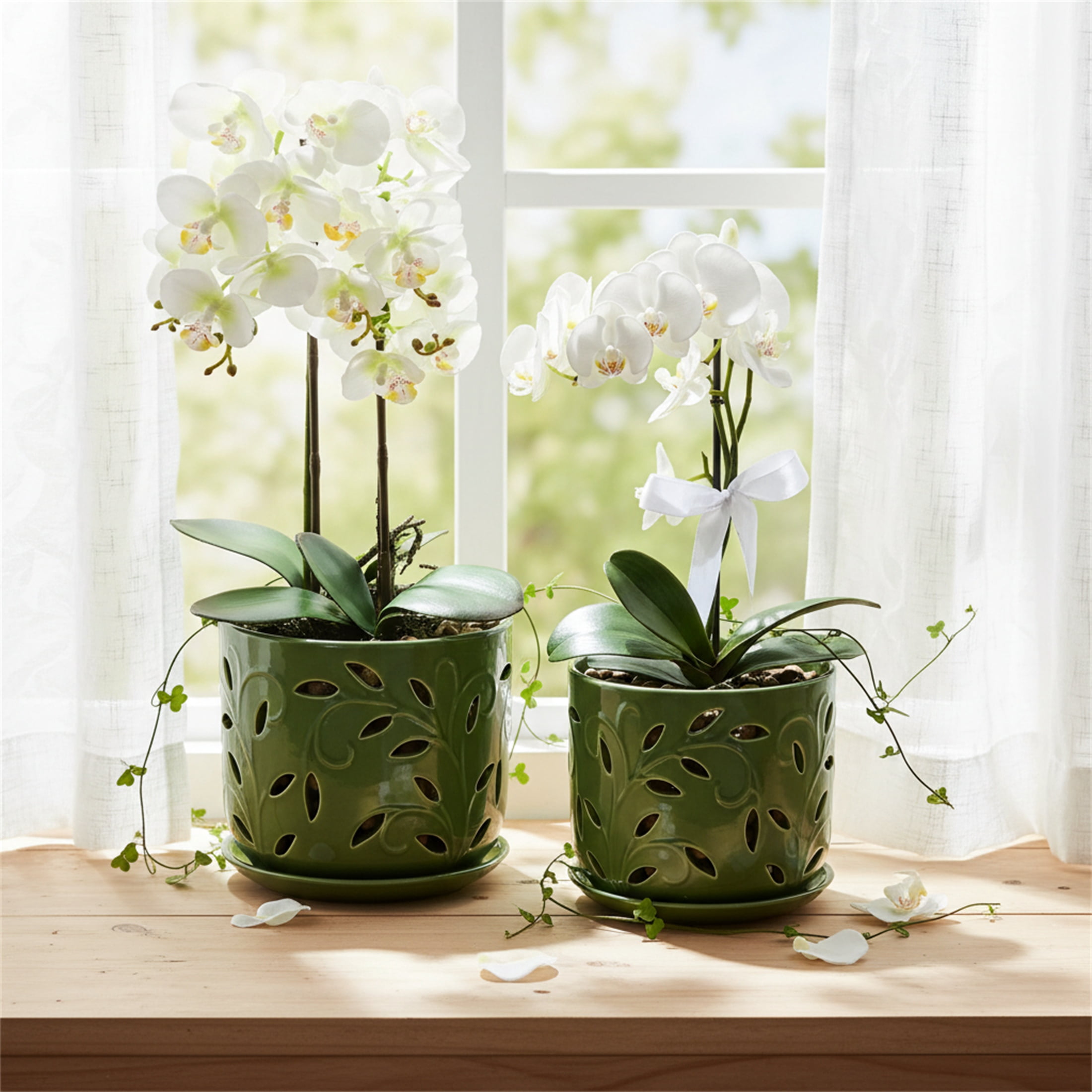 BUYMAX 5" & 6" Ceramic Orchid Pots with Holes and Trays, Leaf Lattice Verdigris Patina, Set of 2