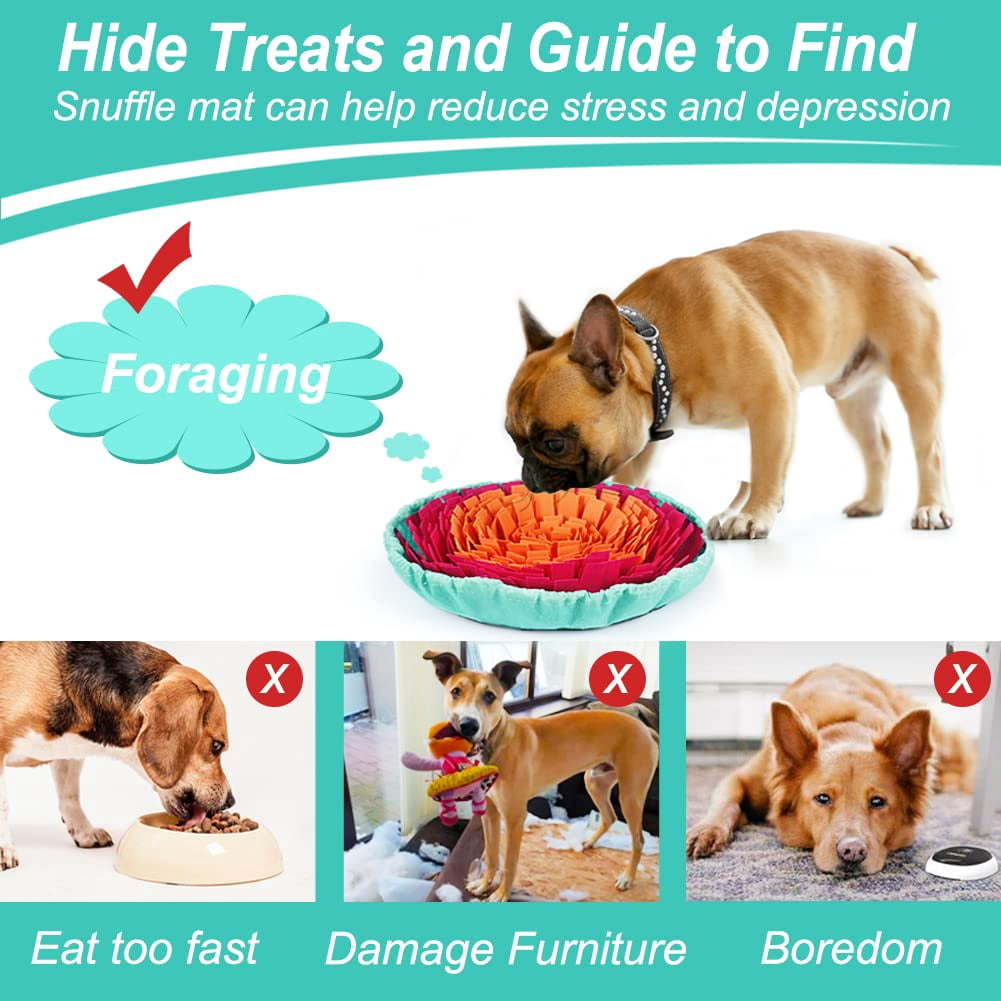 Snuffle mat for dogs, interactie dog puzzle toy for slow feeding and mental stimulation, foraging mat to reduce anxiety and boredom, durable felt fabric with adjustable non-slip base, multicolor