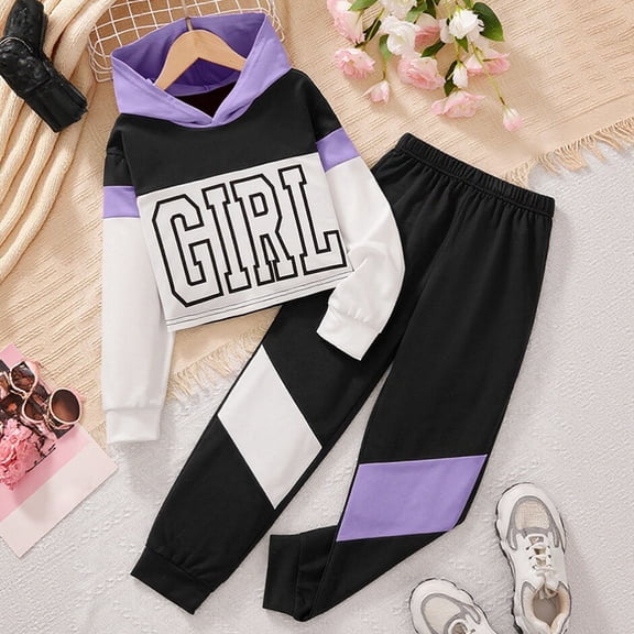 Wuxian Girls Outfits Sweatshirt Suit Hoodie Long Sleeve Pullover Matching Trousers Color Block Letter Print Sport Sets Fall Winter Clothing For Girls,Purple,9-10 Years