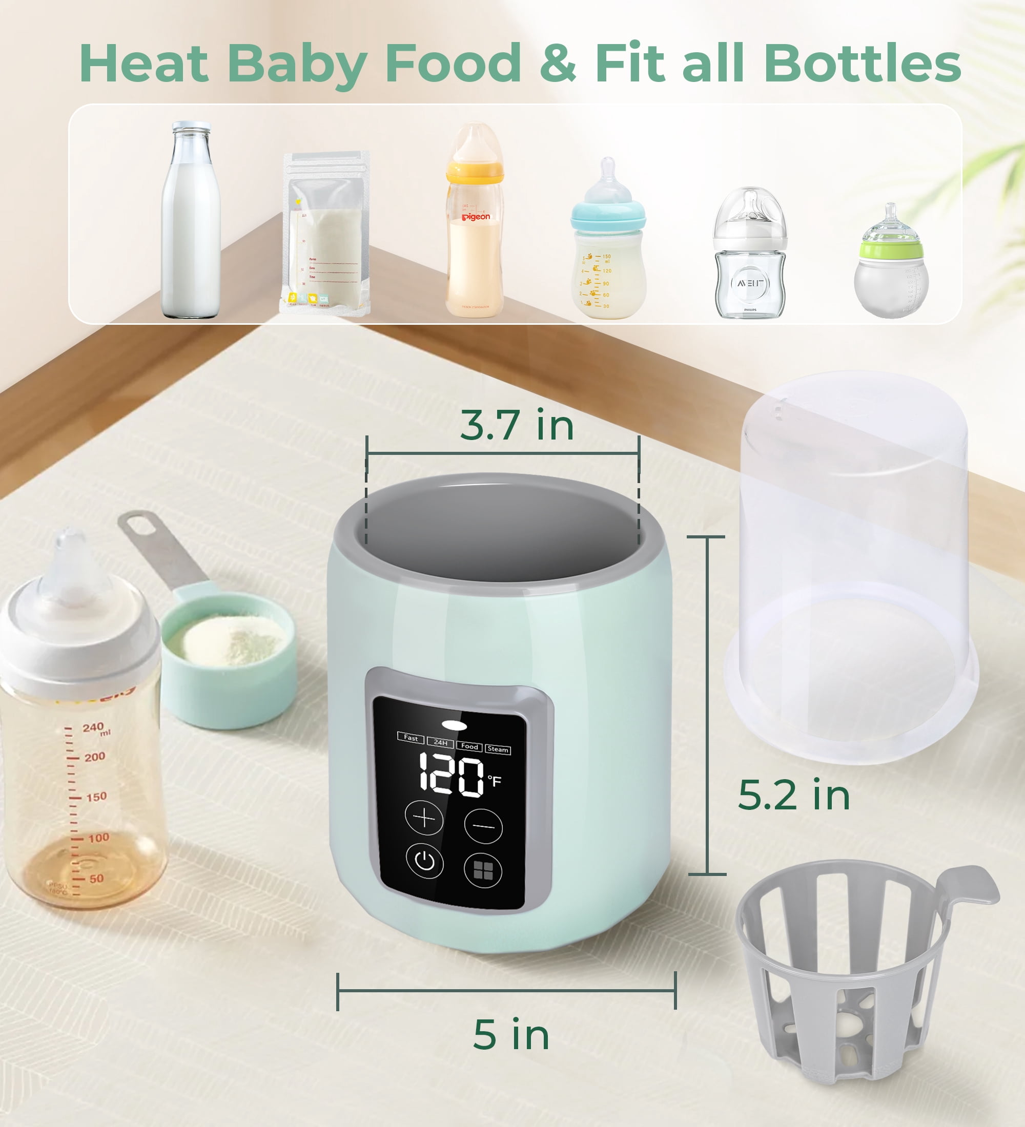 RUPOUN Bottle Warmer, 4 in 1 Fast Baby Milk Portable Warmer with Timer and Temperature Control for Breastmilk or Formula, with Defrost, Sterilizer, Keep, Heat Food, Green