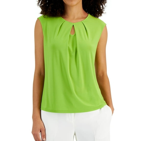 Kasper Womens Pleated Neckline Sleeveless Blouse Top, Green, Petite, P/PS
