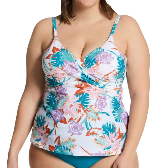 Women's Raisins Curve J840740 Plus Size See You in Buzios Aries Tankini Swim Top (Whitehaven 24W)
