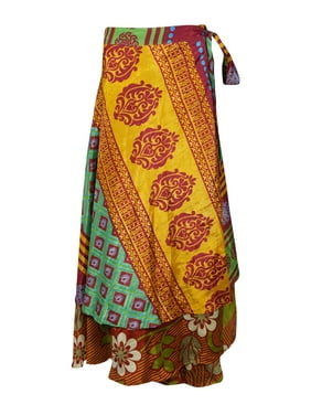Mogul Women Colorful Vintage Silk Sari Magic Wrap Skirt Reversible Printed 2 Layer Sarong Beach Wear Cover Up Long Skirts One Size
