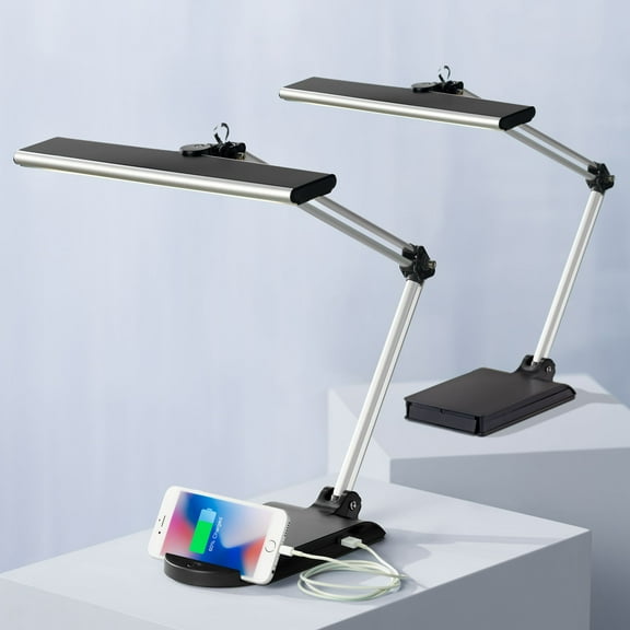 360 Lighting Flynn 25" High Modern Desk Lamps Set of 2 USB Port Adjustable LED Black Silver Metal Home Office Living Room Charging