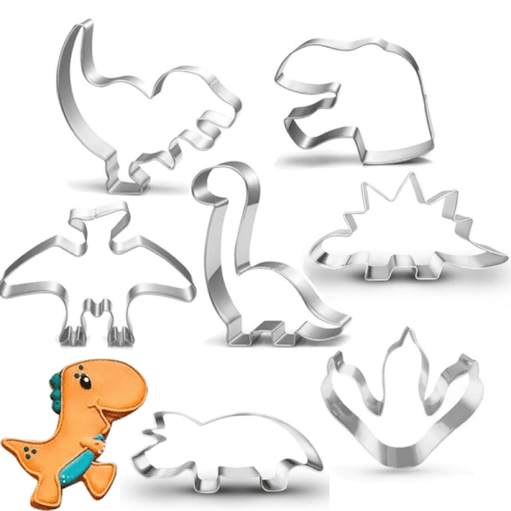 Cookie Cutter Set Of 7-Footprint and Head, Tyrannosaurus(T-Rex), Brontosaurs, Spinosaurus, Triceratops, Pterodactyl, Baking Mold for Dinosaur Birthday Party