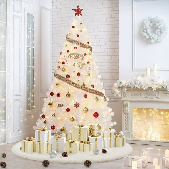 Festisoul 6FT Pre-Lit Christmas Trees, White Artificial Christmas Tree with 250 Dual Color Led Ligh, Lighted Christmas Decoration for Home Party Office