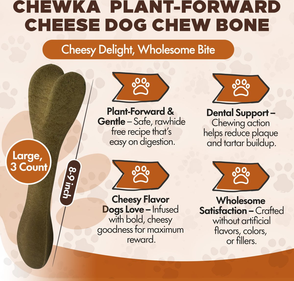 Scoochie Pet Chewka Cheese Flavored Plant-Forward Fully Digestible Dog Chew Bone, Large, 3CT