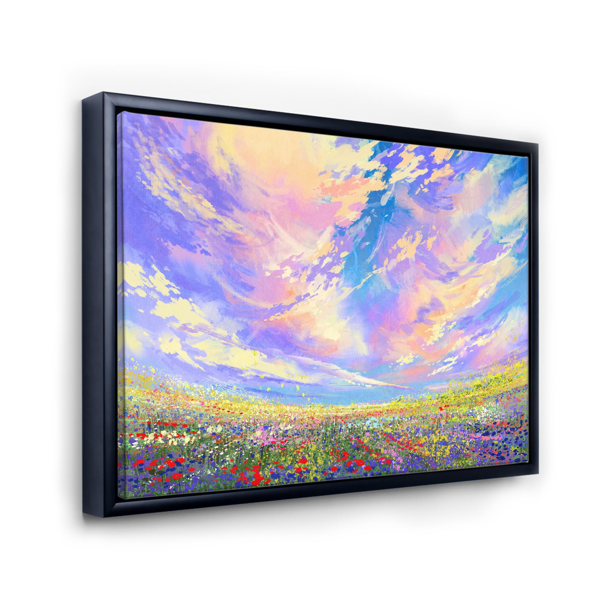 Designart 'Gorgeous Clouds Over Colorful Flowers In Field' Traditional Framed Canvas Wall Art Print