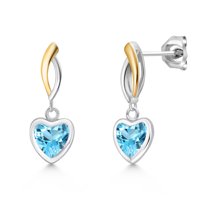 Gem Stone King 925 Silver and 10K Yellow Gold Swiss Blue Topaz Earrings for Women | 1.90 Cttw | Gemstone November Birthstone | Heart Shape 6MM