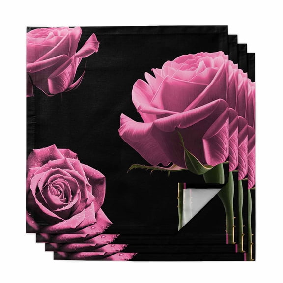 Pink Rose Cloth Napkins, Vintage Abstract Garden Flower Floral Black Washable and Reusable Dinner Napkins Set of 4, Table Napkin for Kitchen Party Birthday Wedding Hotel Housewarming 20"x20"