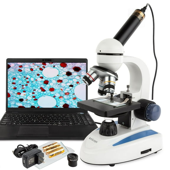 AmScope 40X-1000X Portable Student Compound Microscope - All Metal Frame   USB Digital Camera