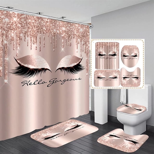 Jinsinto 4PCS/Set Pretty Eyelash Shower Curtain Spark Rose Gold Drips Gorgeous Bathroom Decor Waterpro
