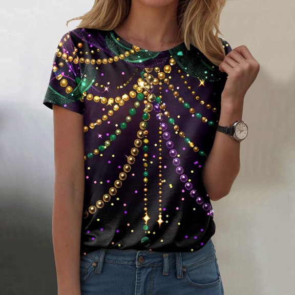 Women's Carnival Print Fashion Casual T Shirt Womens Solid Tee Shirts Loose Fit Top Women Med Womens Shirts Light Long Sleeve Medium Shirt T Shirt Women Short Sleeve Active Shirts Women Short Sleeve