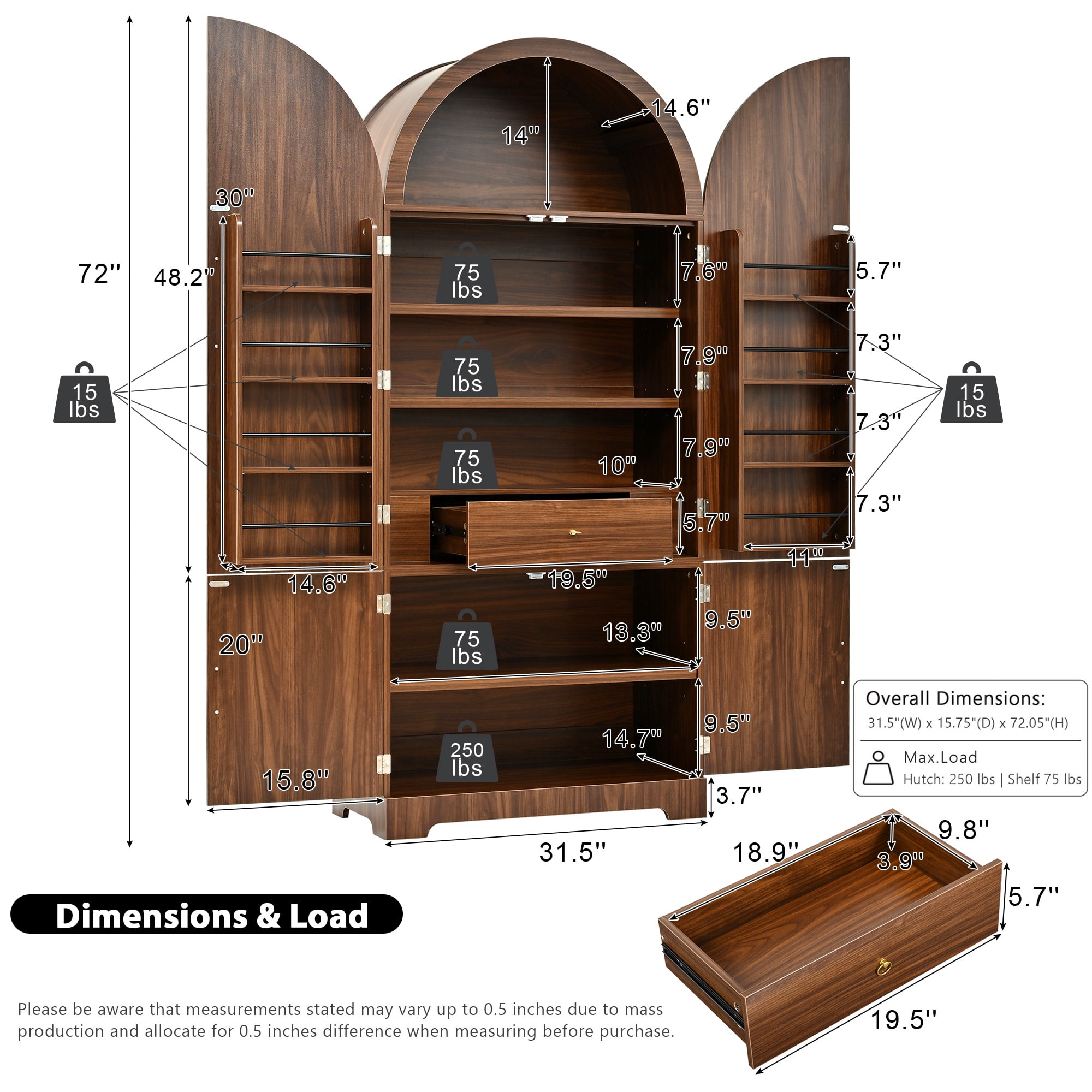 Homy Casa 72" Tall Arched Pantry Cabinet with Fluted Doors, Adjustable Shelves and 2 Drawers, Walnut