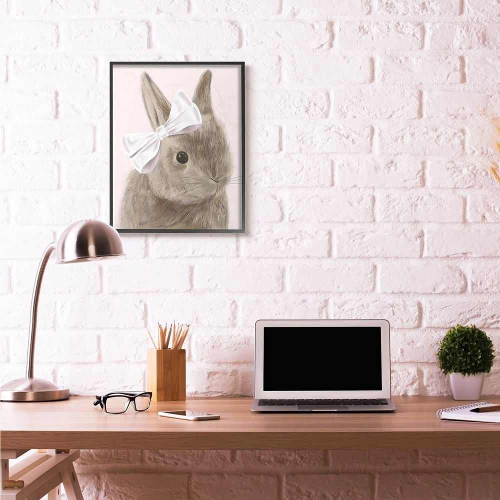 Bunny Pink Bow Kids Animal Drawing XXL Framed Giclee Texturized Art by Daphne Polselli