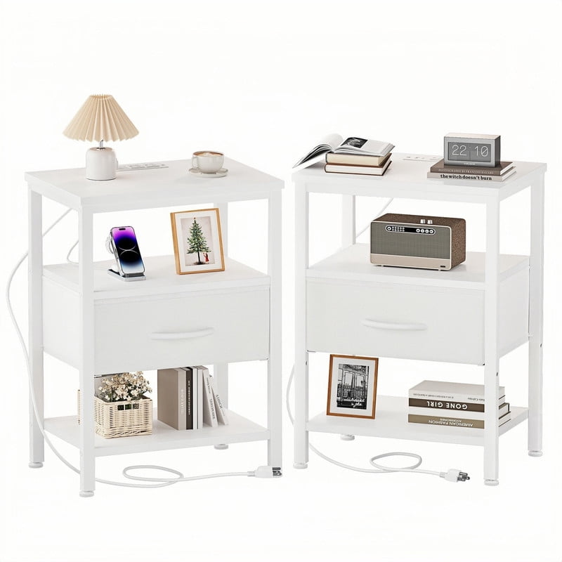 Kelno 2PCS Nightstand with Fabric Drawer Charging Station USB TypeC Outlets Small Bedside Table with Adjustable Shelf, White