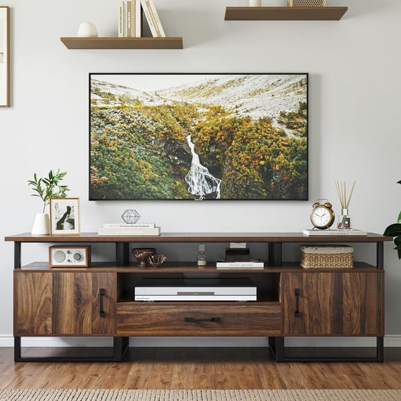 QinaQin Mueble para TV de 70 pulgadas para pantallas de hasta 75 pulgadas, estilo industrial con cajón y repisas abiertas, ideal para sala o recámara