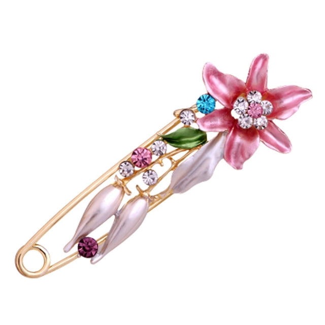 Brooch Pin 3D Flower Decor Scarf Pin with Rhinestone Inlay Thick Stable Lock Anti-exposure Suits Coats Sweaters Pin