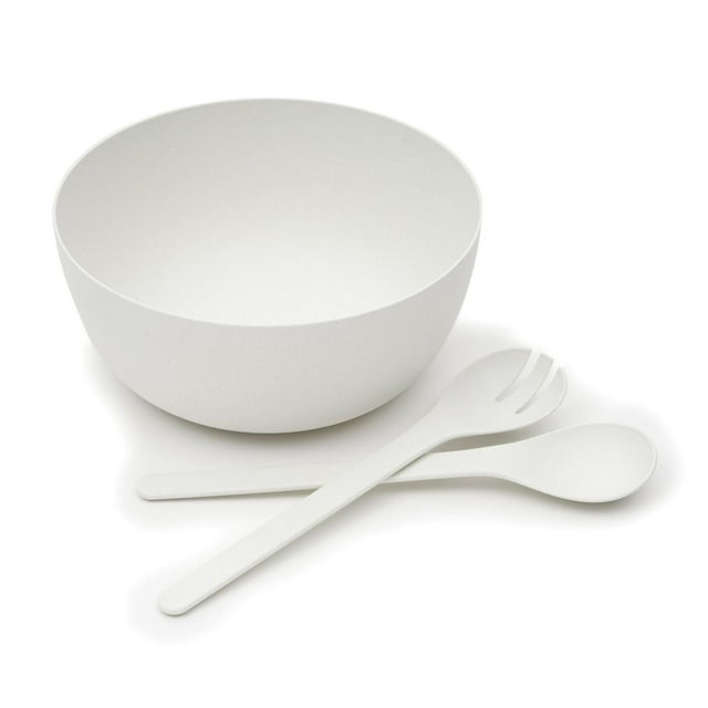 White biodegradable PLA 3 piece salad set with a large bowl and matching serving spoon and fork.
